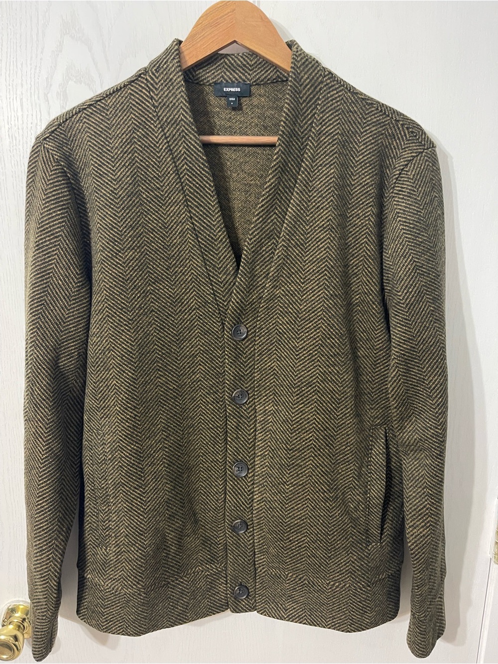 Express Men's Small V-Neck Collar Brown Herringbone Cardigan